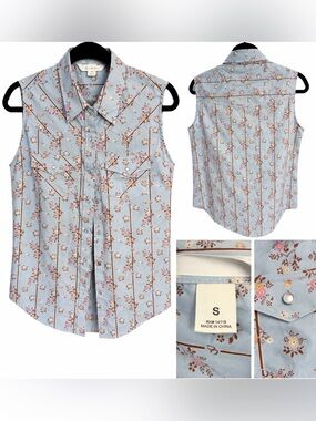 Ely Walker Boot Barn Western Floral Sleeveless Pearl Snap Shirt Blue Size Small